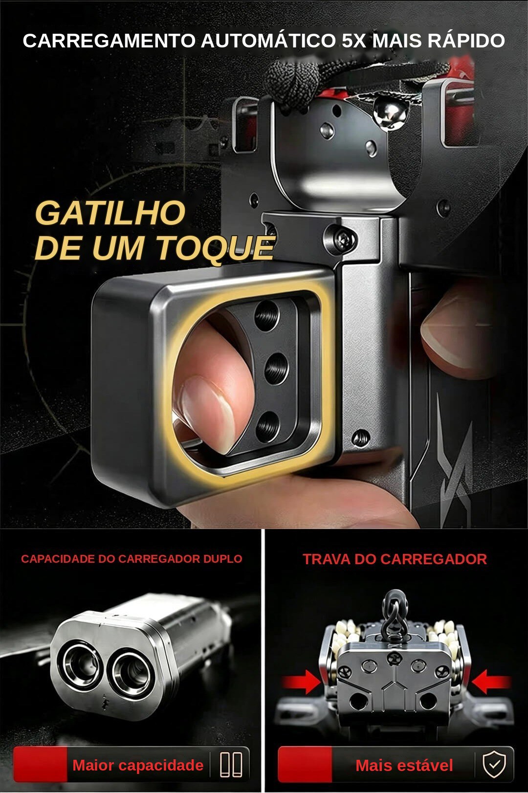 Carregamento automático e gatilho de um toque; capacidade e trava do carregador